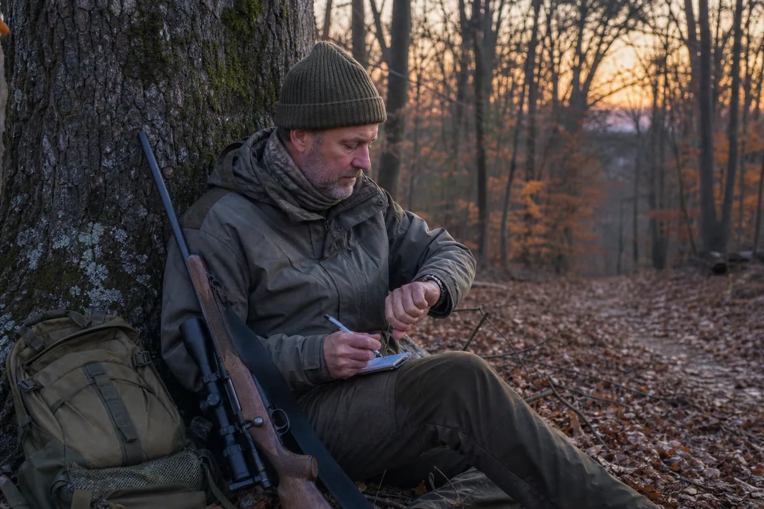 Hunter checking a watch while waiting quietly after a shot