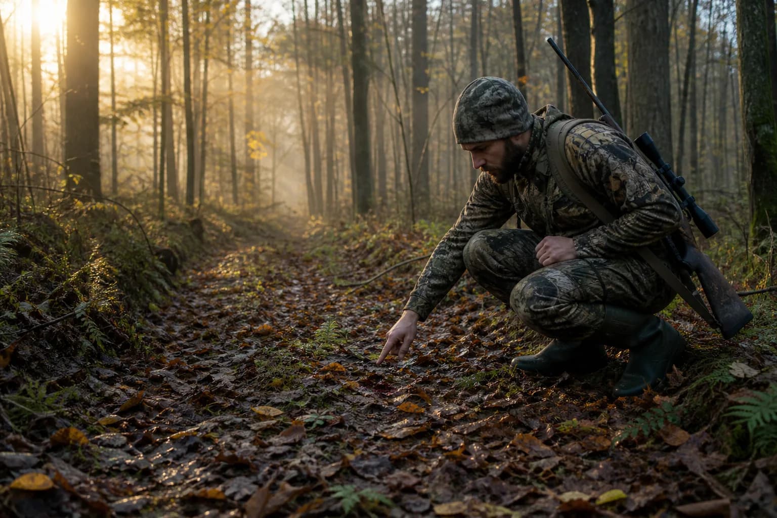 Hunter carefully examining sign on an autumn forest trail