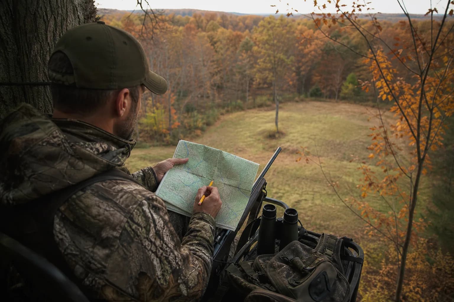 Hunter recording landmarks and shot details from the original position
